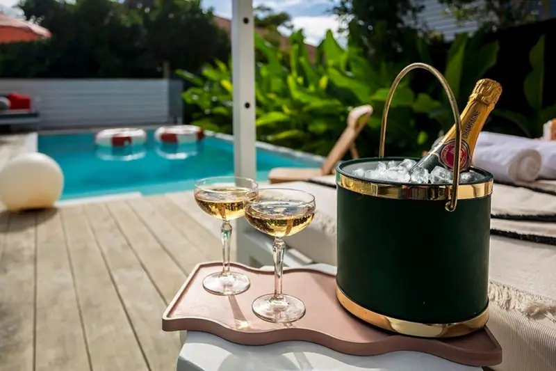 Champagne on ice beside the heated magnesium pool