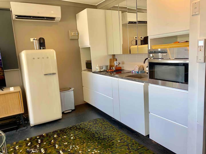 Kitchenette with a Smeg fridge, oven and microwave